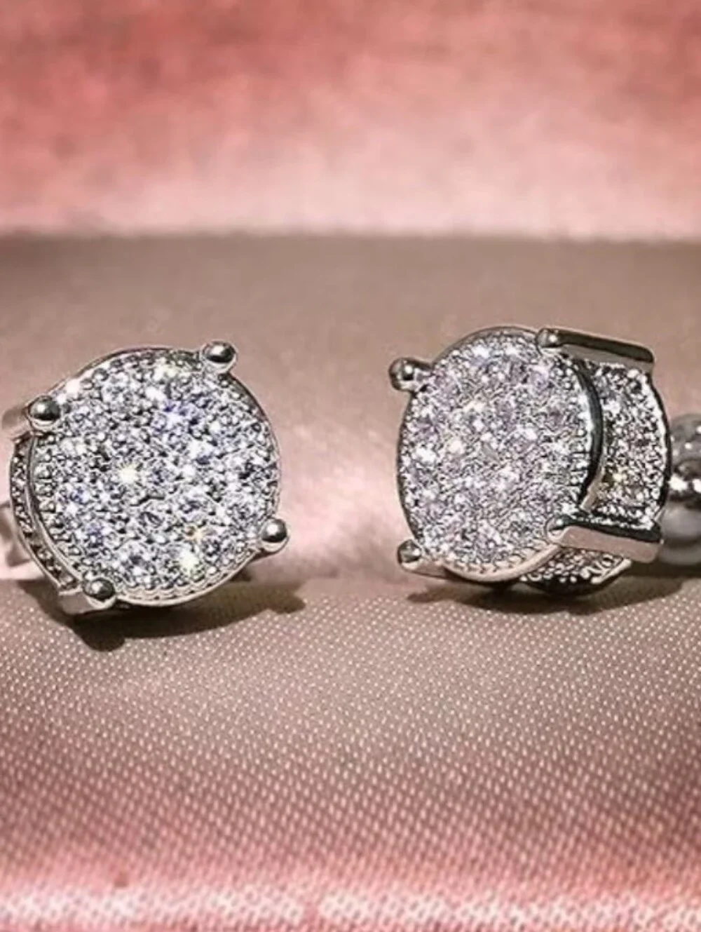 NEW! 14k White Gold Plated Sterling Silver Round Pavé Diamond Stud Earrings